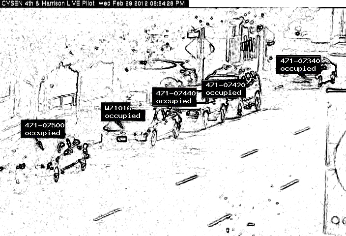CYSEN street-level detection view showing multiple occupied curbside spaces